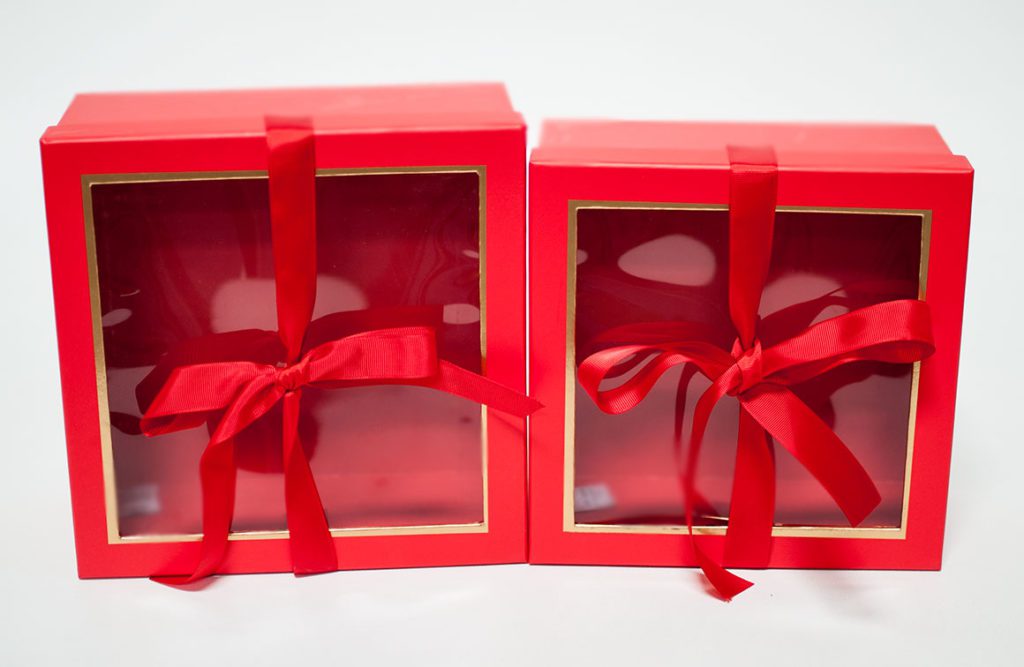 W9571red Red Square Flower Boxes With Window and Ribbon Set of 2 | D ...
