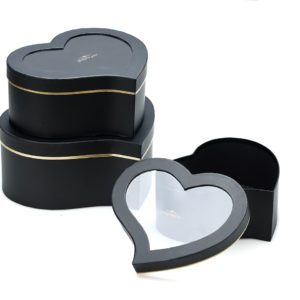 W9723 Royal Black Heart Shape Flower Boxes With Top Window (Set of 3)