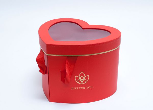 Two-Layers Floral Paper Gift Box Red Heart Shape Flower Box with Window Lid 