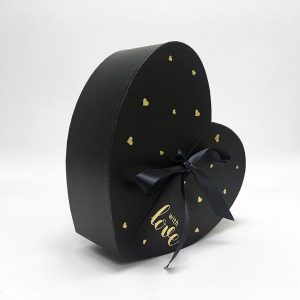w6876 Black Heart Shape Flower Box with Ribbon Opens From Middle Nested Heart