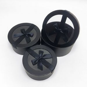 W7408 Black Round Shape Flower Boxes Set of 3 With Ribbon