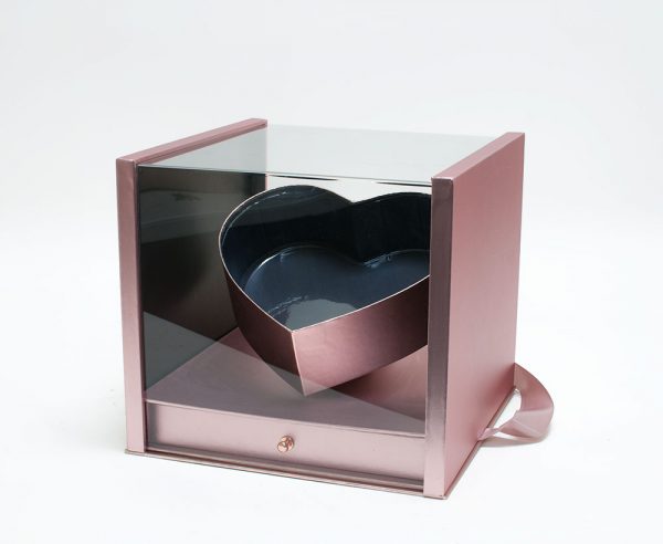 Rose Gold Acrylic Flower Box with Drawer and Ribbon