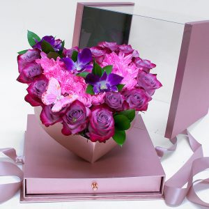 1119ARosegold Rose Gold Acrylic Square Flower Box Tilted Heart Center And Drawer