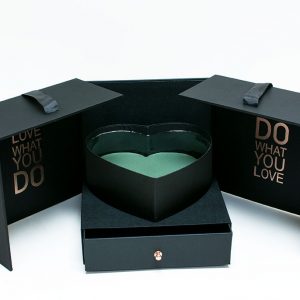 Black Square Flower Box with Heart Shape Container and Drawer Enclosed Comes With Liners And Foams