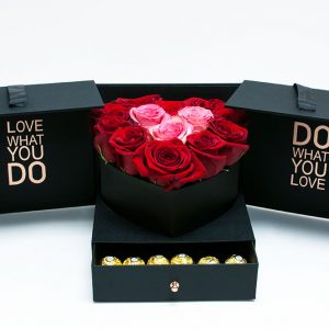 Black Square Flower Box with Heart Shape Container and Drawer Enclosed Comes With Liners And Foams