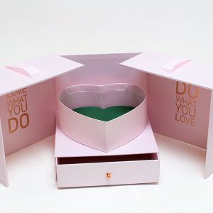 Pink Cloth Square Flower Box with Heart Shape Container and Drawer Enclosed Comes With Liners And Foams