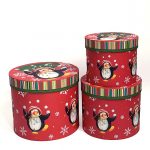 W7825 Red Round Penguins Christmas Flower Boxes Set of 3