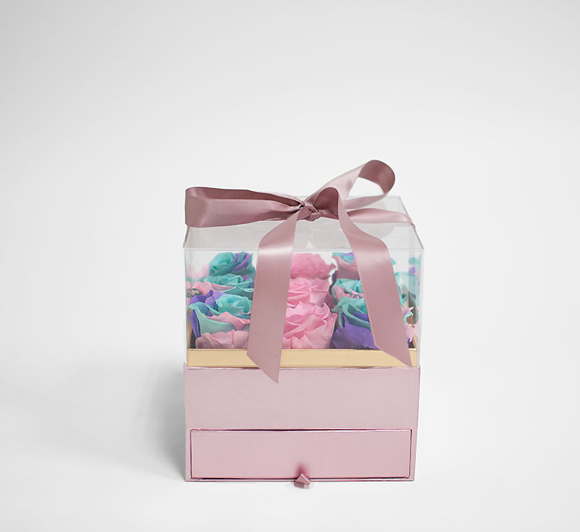 w5321 Rose Gold Acrylic Square Flower Box with Drawer