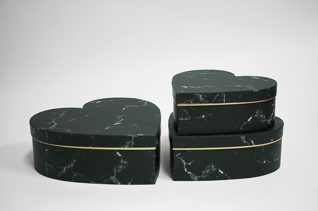 w6728-wev Black Marble Set of 3 Heart Shape Flower Boxes