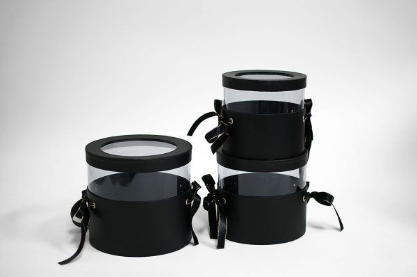 Black Set of 3 Round Flower Boxes With Window