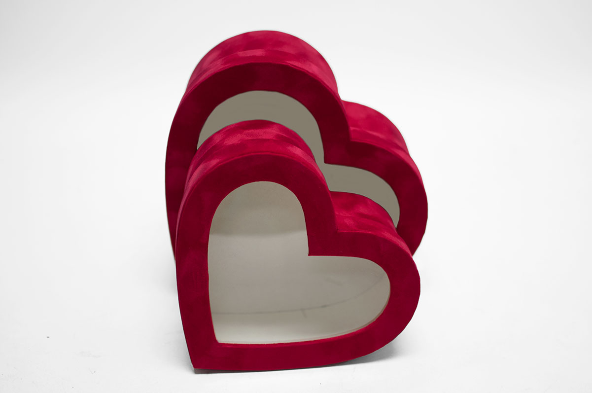 w7761 Red Velvet Heart Shaped Flower Box with Window Set of 2