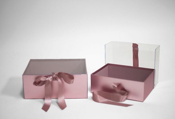 W7970 Rose Gold Rectangular Flower Boxes With Clear Lid and Ribbon Set of 2