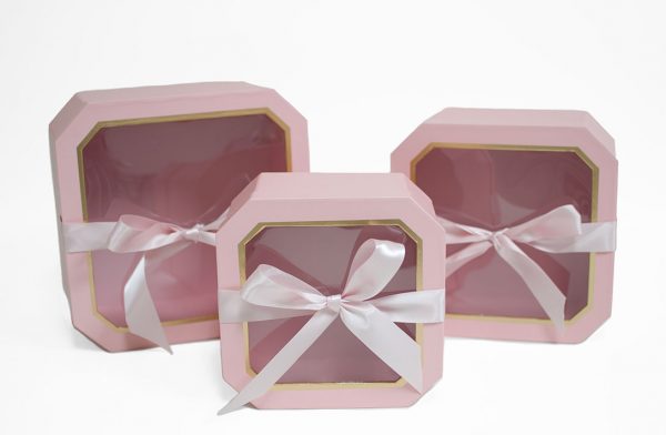 W5194 Pink Set of 3 Hexagon Square Flower Boxes With Window and Ribbon