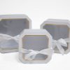W5193 White Set of 3 Hexagon Square Flower Boxes With Window and Ribbon