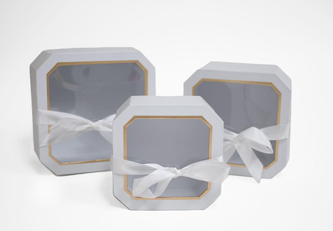 W5193 White Set of 3 Hexagon Square Flower Boxes With Window and Ribbon W5193 White Set of 3 Hexagon Square Flower Boxes With Window and Ribbon