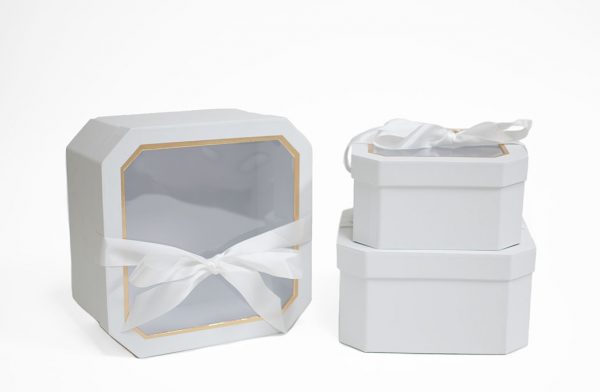 W5193 White Set of 3 Hexagon Square Flower Boxes With Window and Ribbon