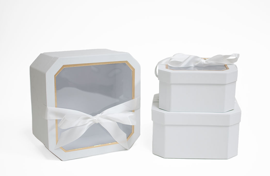 W5193 White Set of 3 Hexagon Square Flower Boxes With Window and Ribbon W5193 White Set of 3 Hexagon Square Flower Boxes With Window and Ribbon