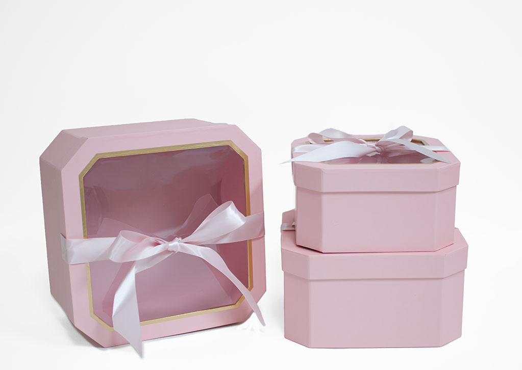 W5194 Pink Set of 3 Hexagon Square Flower Boxes With Window and Ribbon