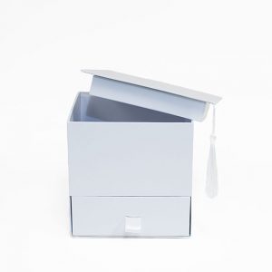 W7956 White Square Graduation Cap Flower Box with Drawer