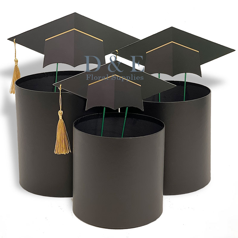 Set of 3 Black Graduation Round Flower Box with Cap