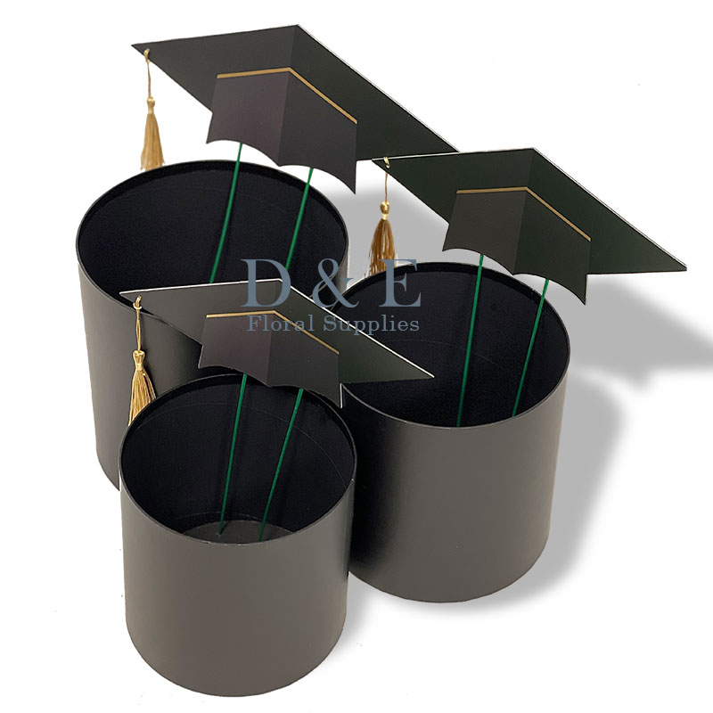 Set of 3 Black Graduation Round Flower Box with Cap