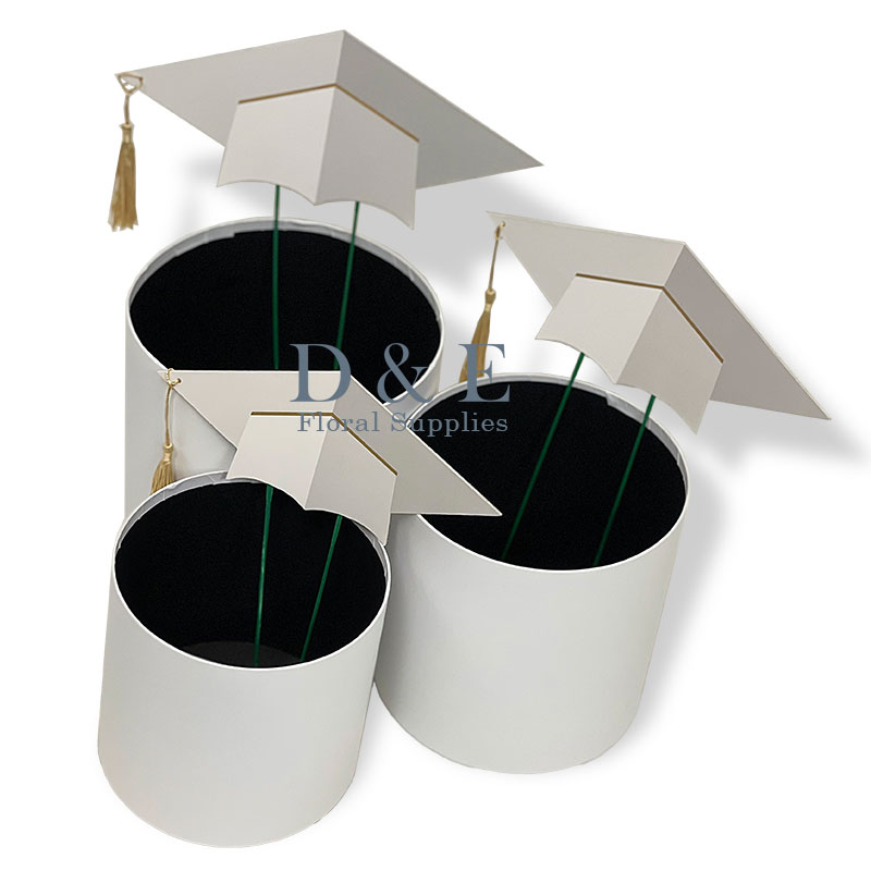 Set of 3 White Graduation Round Flower Box with Cap