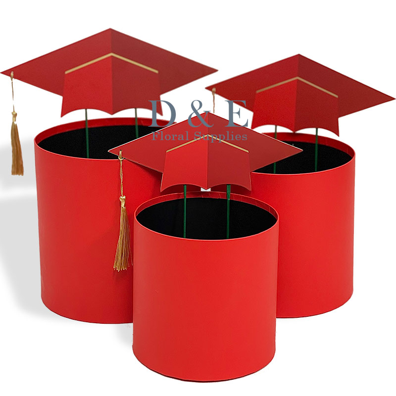 Set of 3 Red Graduation Round Flower Box with Cap