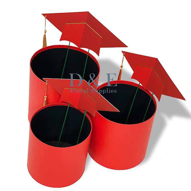 Set of 3 Red Graduation Round Flower Box with Cap