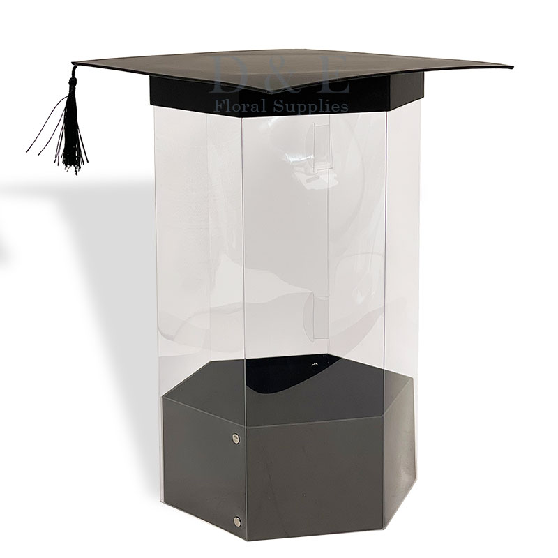 Exclusive Large Black Graduation Hat Hexagon Transparent Flower Box
