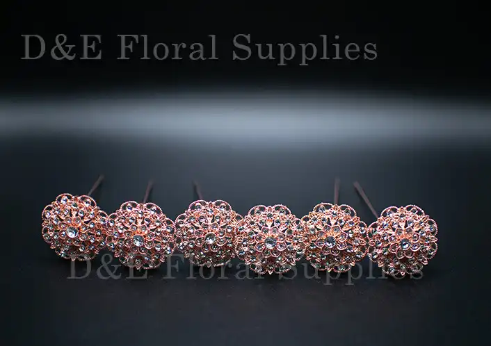 1.5 Inches Rose Gold Crystal Rhinestone Flower Brooch Pin Pack of 6