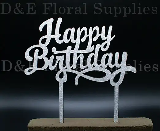Silver 6 Inches Wood Glittered Happy Birthday Topper