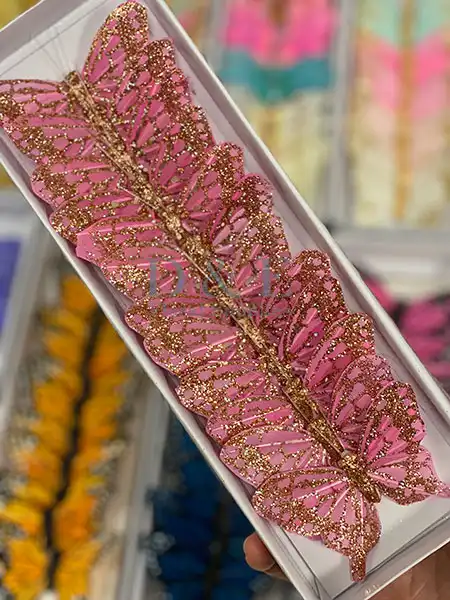 Pink Butterflies With Gold Glitters For Floral Arrangement Decorations