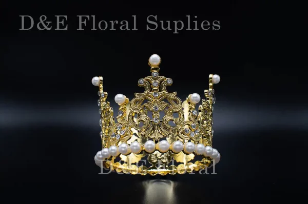 Medium 3.25 Inches By 2.25 Inches Floral Crown With Pearls and Diamonds In Gold Color