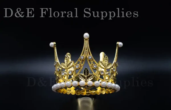 Medium 3 Inches By 2 Inches Floral Decoration Crown With Crystals And Pearl In Gold Color C008