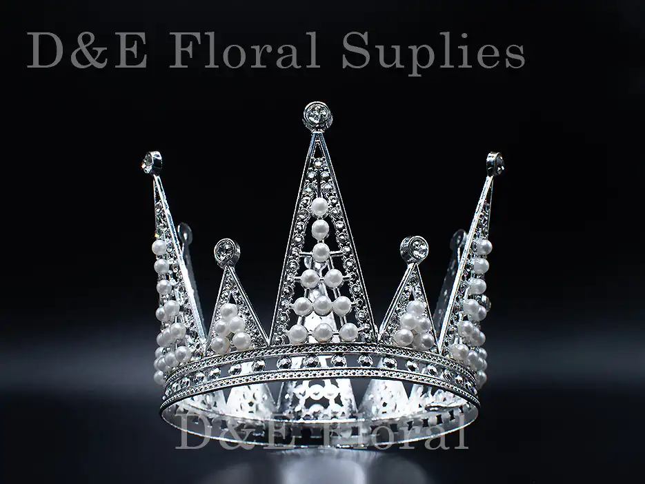 Large 5.25 Inches By 3.25 Inches Crown With Pearls And Crystals In Silver Color