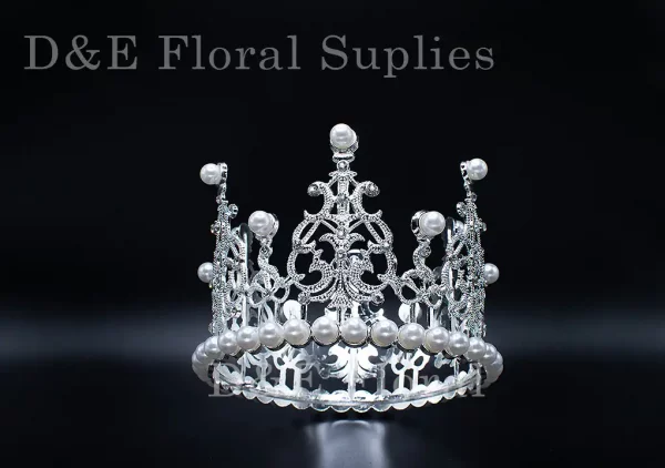 Large 4.75 Inches By 3 Inches Crown With Pearls and Diamonds In Silver Color