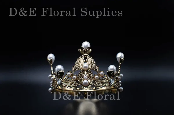 Gold Medium 4 Inches By 2 Inches Floral Decoration Crown With Pearl In C005