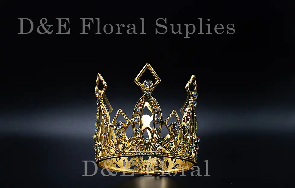 Gold Medium 3 Inches By 2.5 Inches Floral Decoration Crown With Crystals
