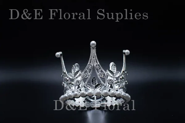 Medium 3 Inches By 2 Inches Floral Decoration Crown With Crystals And Pearl In Silver Color C008