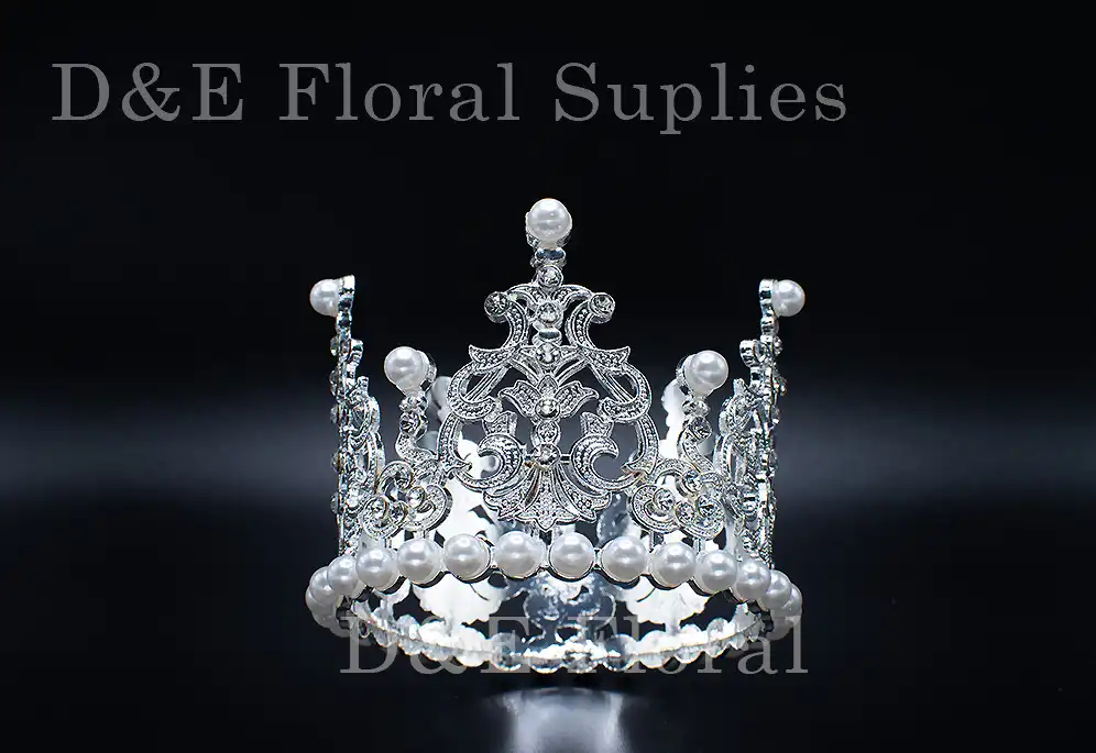 Medium 3.25 Inches By 2.25 Inches Floral Crown With Pearls and Diamonds In Silver Color