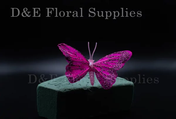 3.13 Inches Hot Pink Butterflies Made With Feathers For Flower Arrangement Decoration Pack of 12 pcs