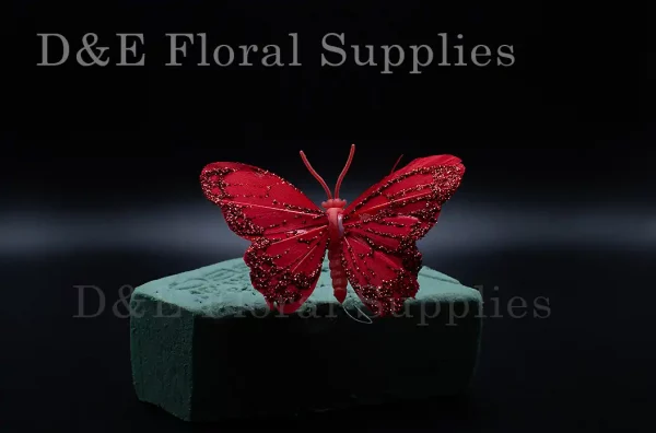3.13 Inches Red Butterflies Made With Feathers For Flower Arrangement Decoration Pack of 12 pcs