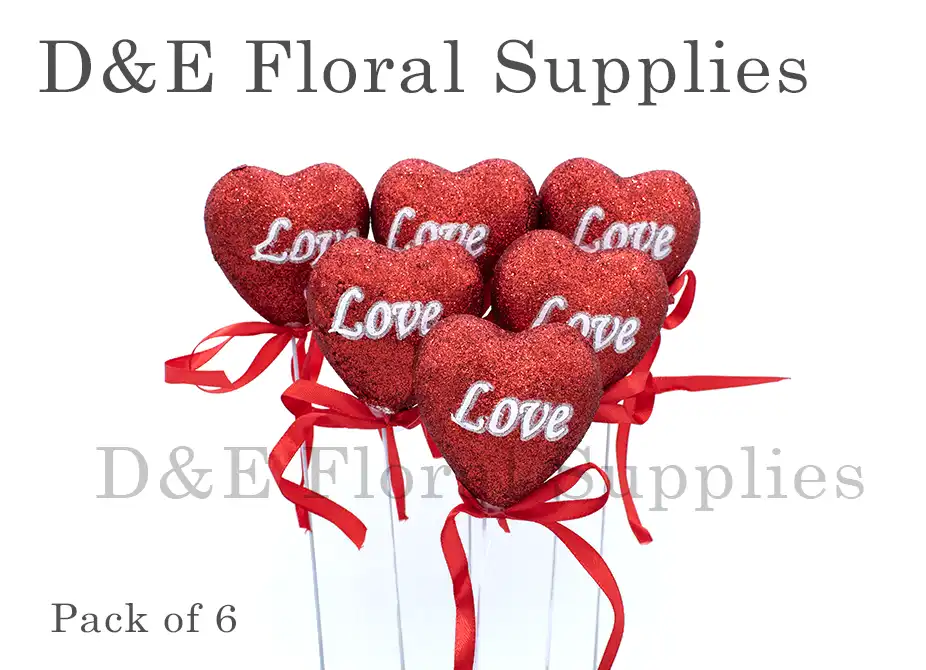 Pack of 6 2.5 Inches Glittered Red Solid Love Heart Flower Topper Picks