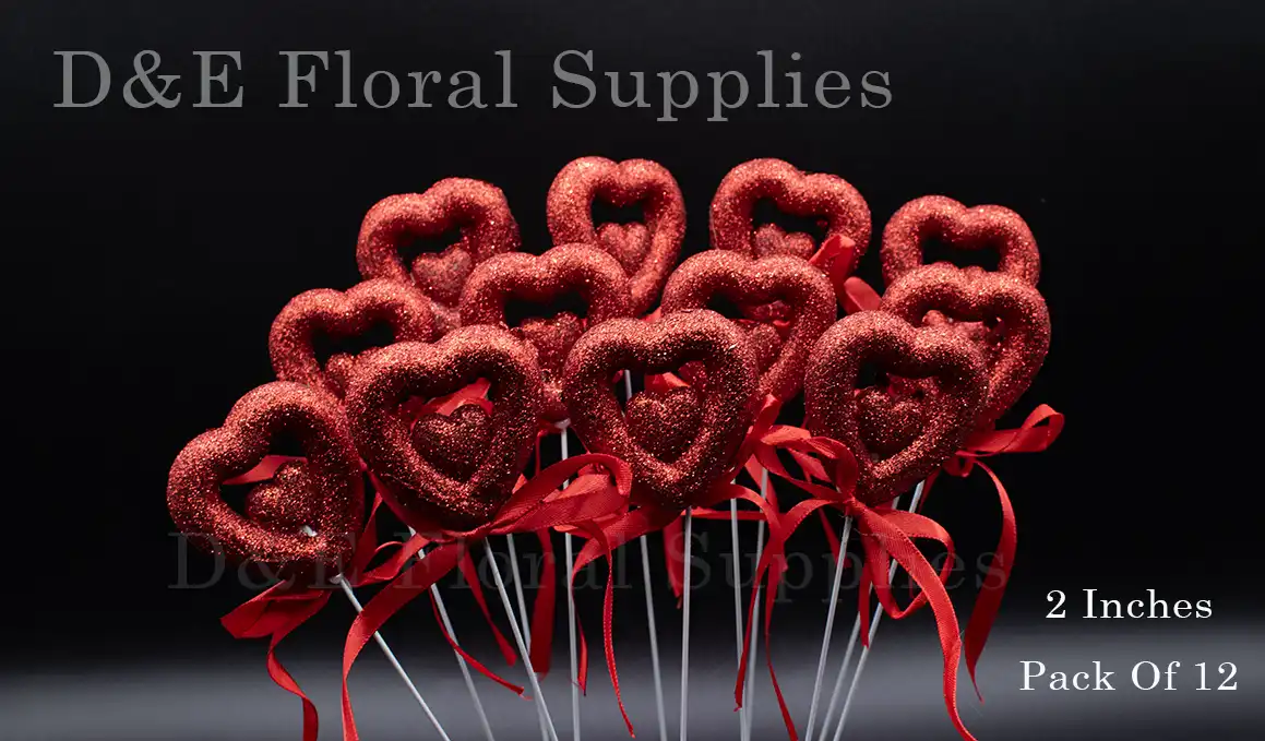 Pack of 12 2 Inches Glittered Red Heart Flower Topper Picks