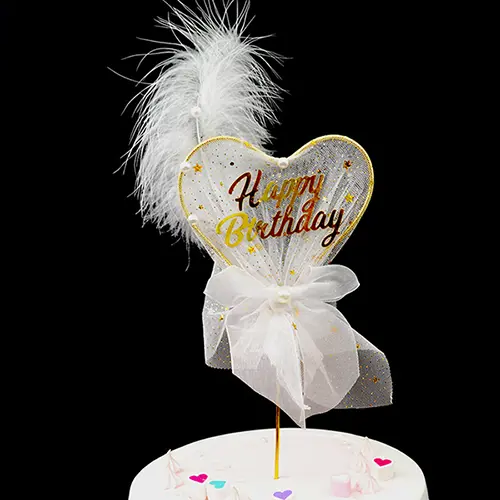 Wire Happy Birthday Cake Topper with Mesh Yarn and Feather (Pack of 4)