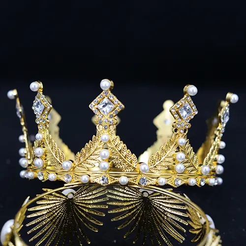 Large 6 Inches By 2.5 Inches Crown With Pearls And Crystals In Gold Color