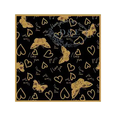 Black Flower Wrapping Paper with Gold Love-themed Butterflies and Hearts