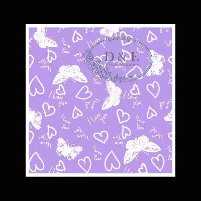 Purple Flower Wrapping Paper with White Love-themed Butterflies and Hearts