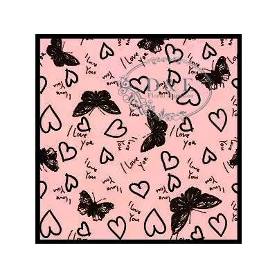 Pink Flower Wrapping Paper with Black Love-themed Butterflies and Hearts