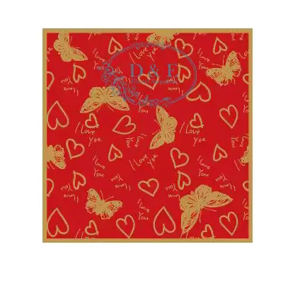 Red Flower Wrapping Paper with Gold Love-themed Butterflies and Hearts